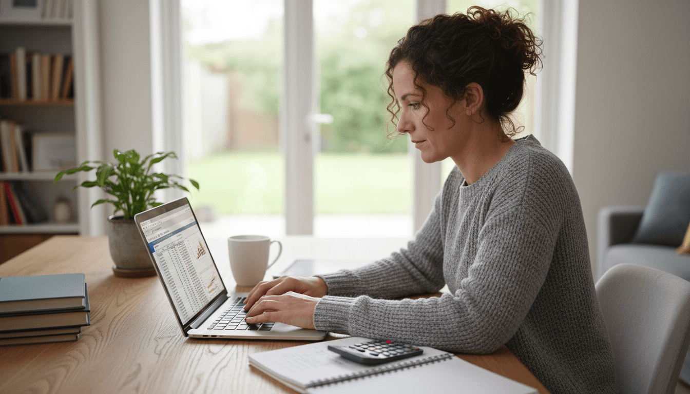 woman working on laptop with notebook and calculator at home desk