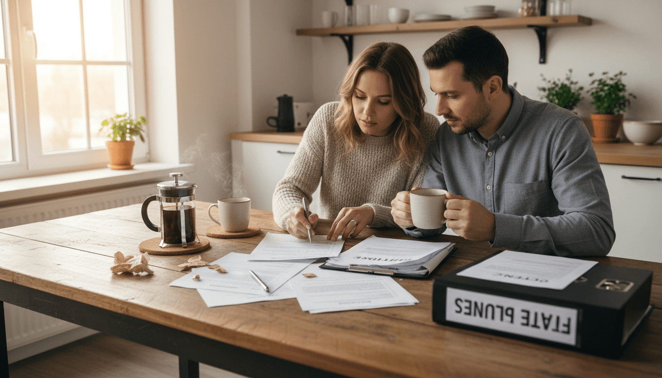 couple reviewing documents together at kitchen table with coffee