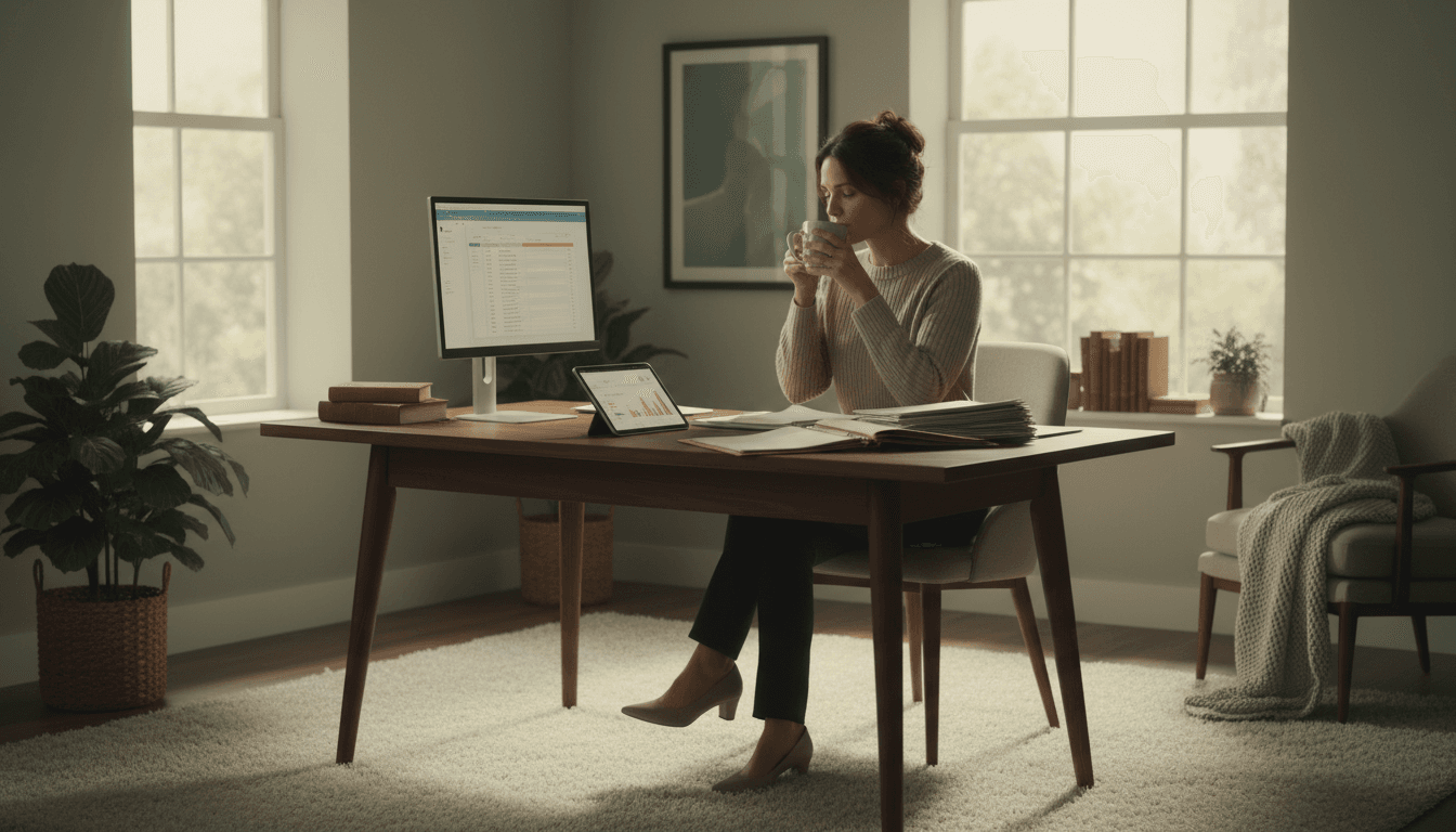 Warm home office desk with a laptop, notebook, and a steaming mug of coffee in soft afternoon light