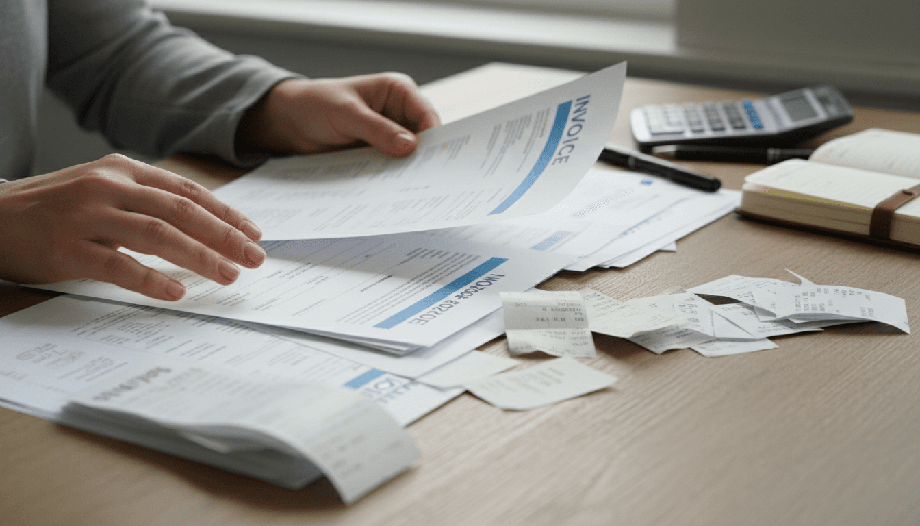close up of hands sorting receipts and invoices on wooden desk