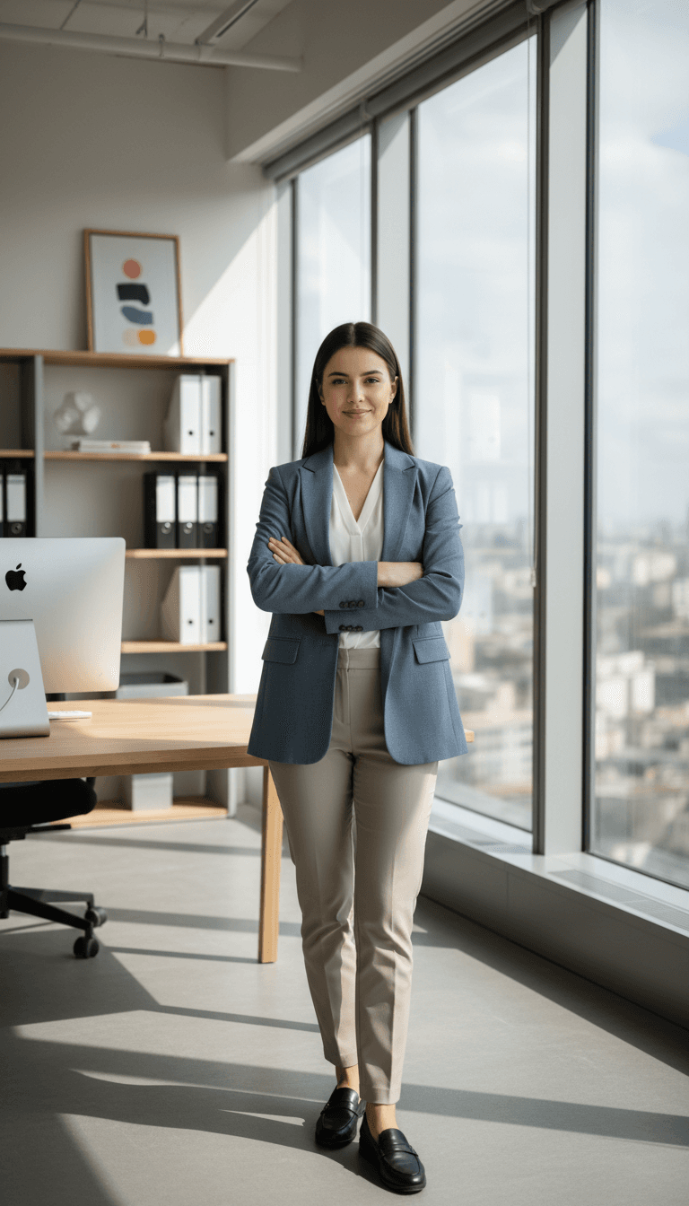 Young tax consultant standing confidently in bright modern office with city views and welcoming expression