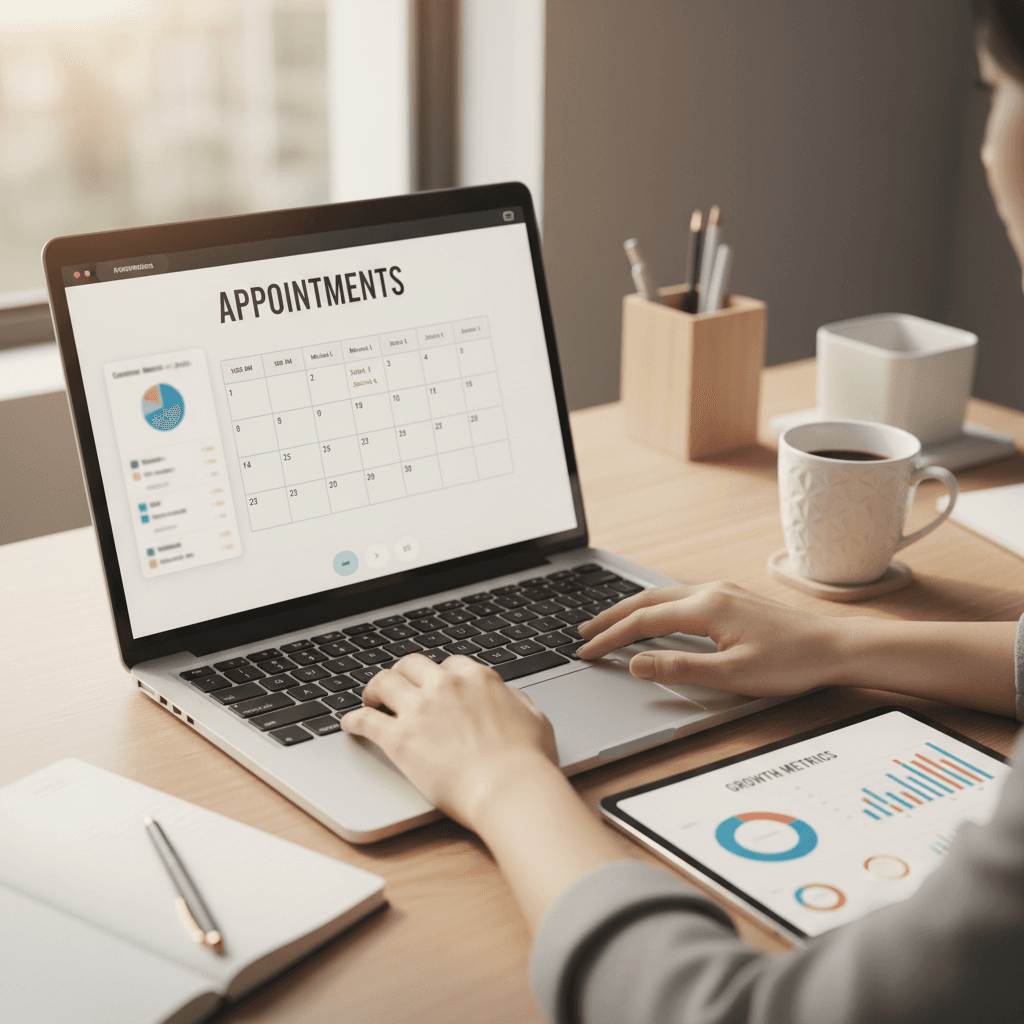 Small business owner reviewing appointment schedules and customer data on laptop in bright home office