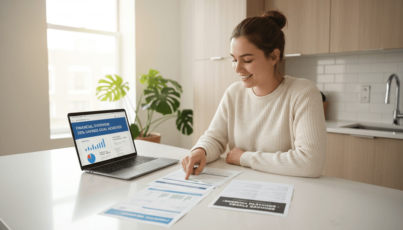 Adult reviewing multiple bills at kitchen table with laptop showing financial analysis dashboard and savings recommendations