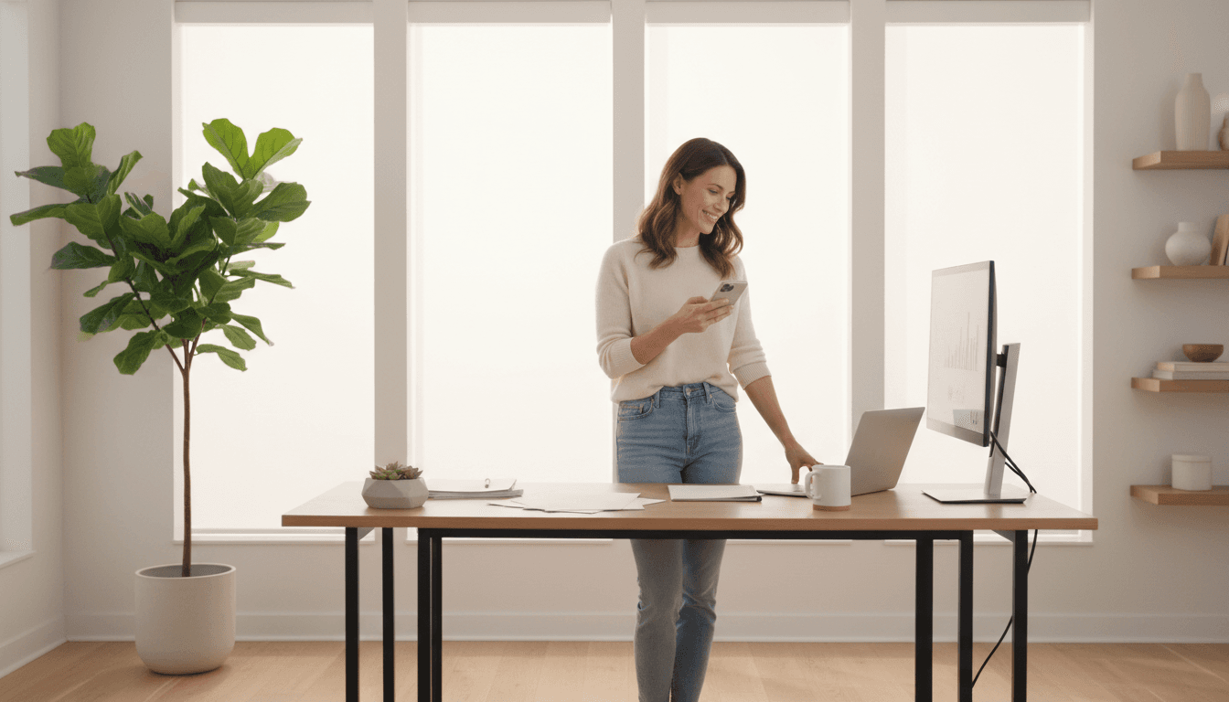 Professional accountant working at desk in a bright, modern office