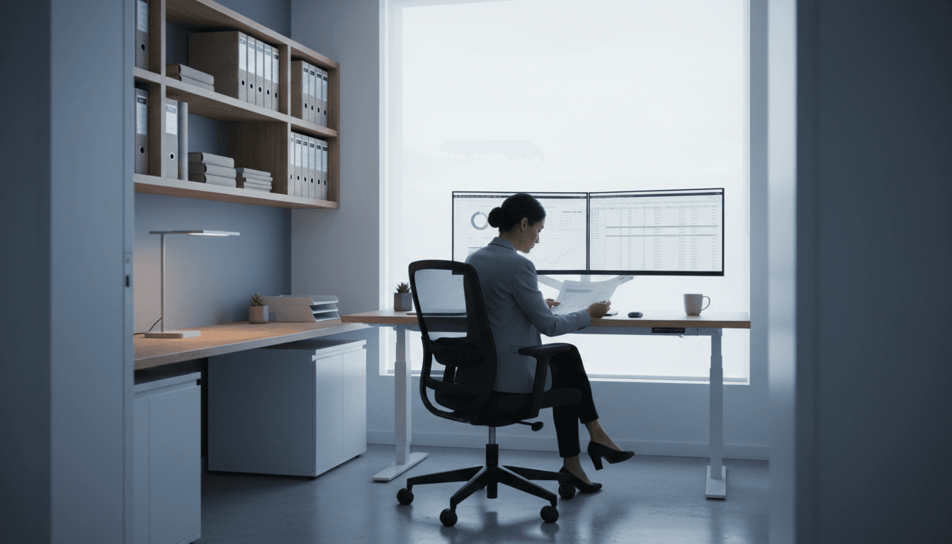 Warm and approachable accountant sitting at a desk with a laptop and coffee, radiating calm professionalism