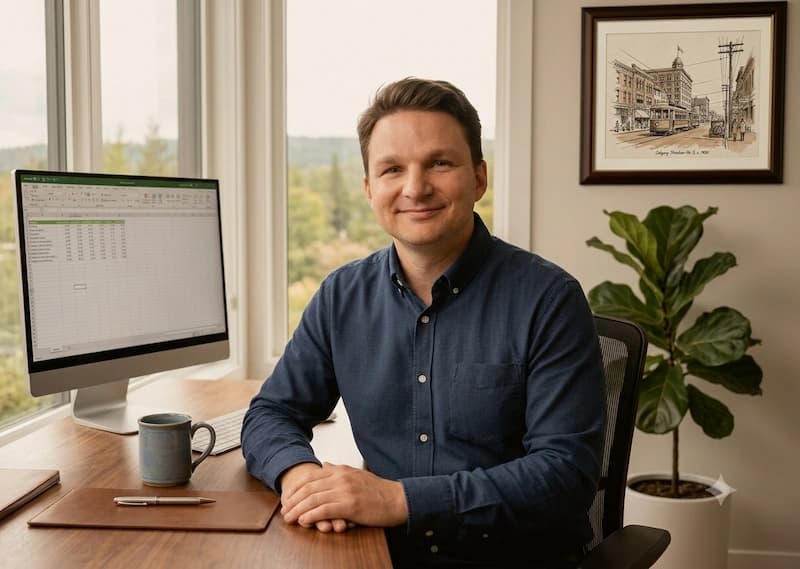 Smiling man in a blue shirt at a wooden desk with a spreadsheet on screen.